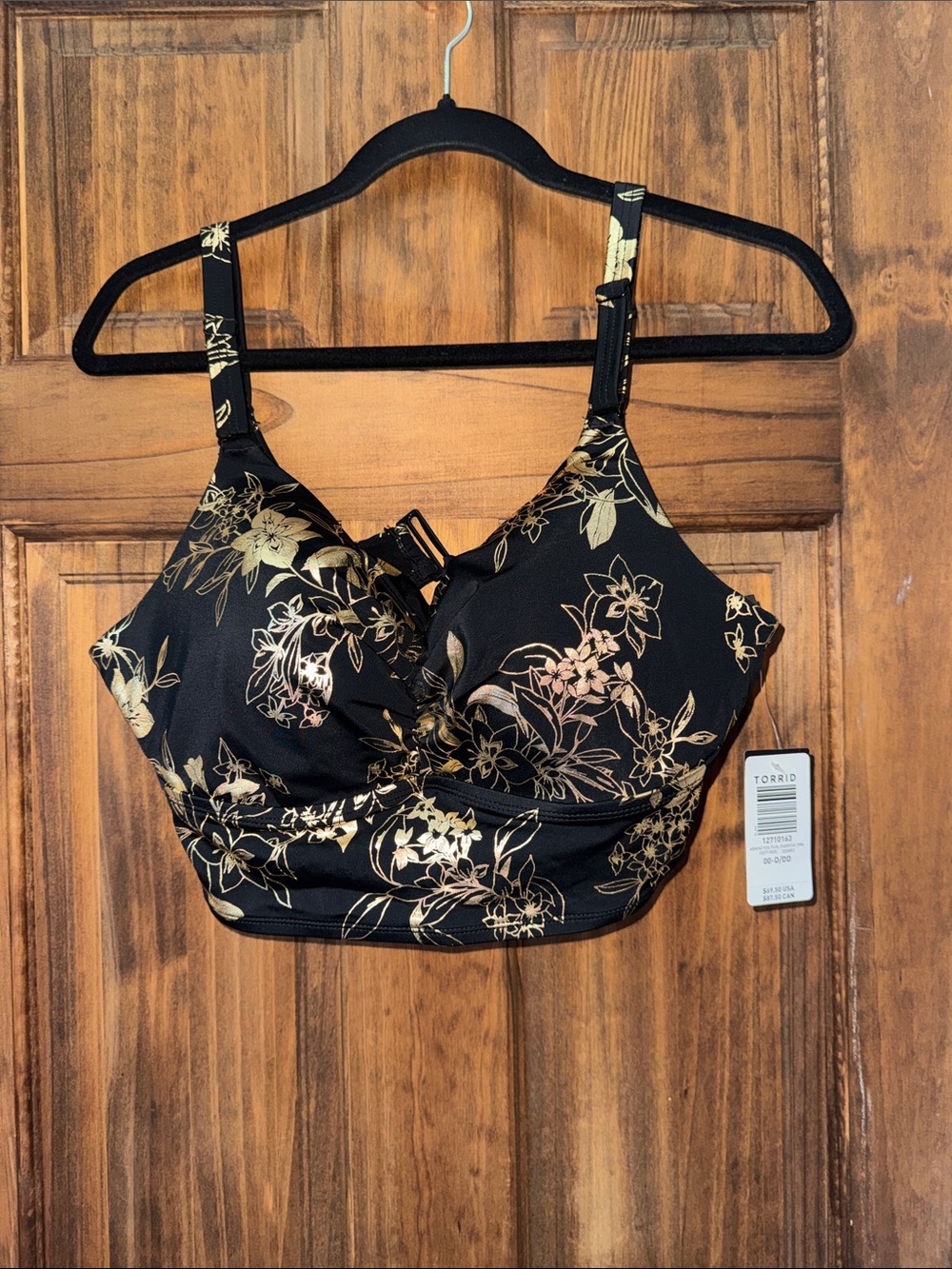 Torrid Plus Size Everyday Bra Bikini Top with Metallic Gold Floral Size 00-D/DD